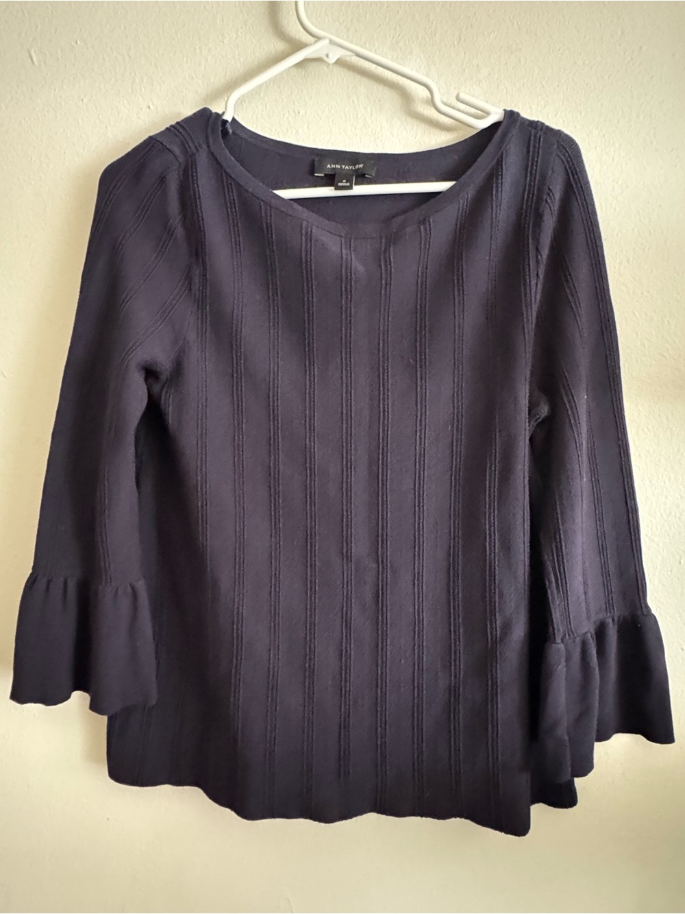 Ann Taylor Dark Navy Ribbed Knit Top with Bell Sleeves